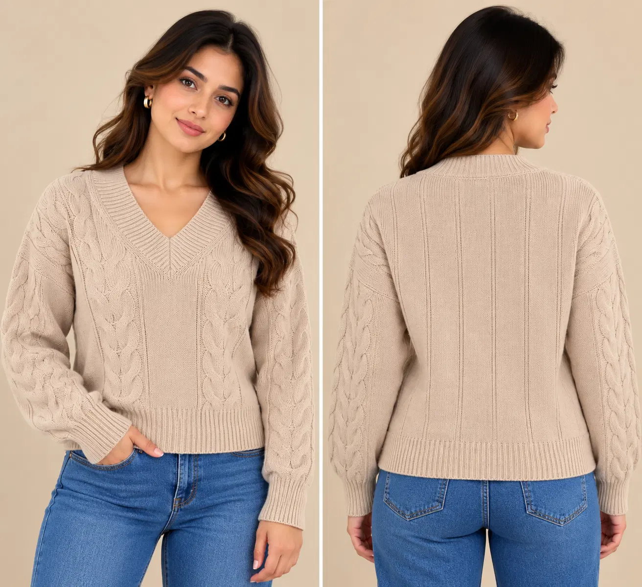 Front and back views of a beige V-neck cable-knit sweater with ribbed hem and cuffs