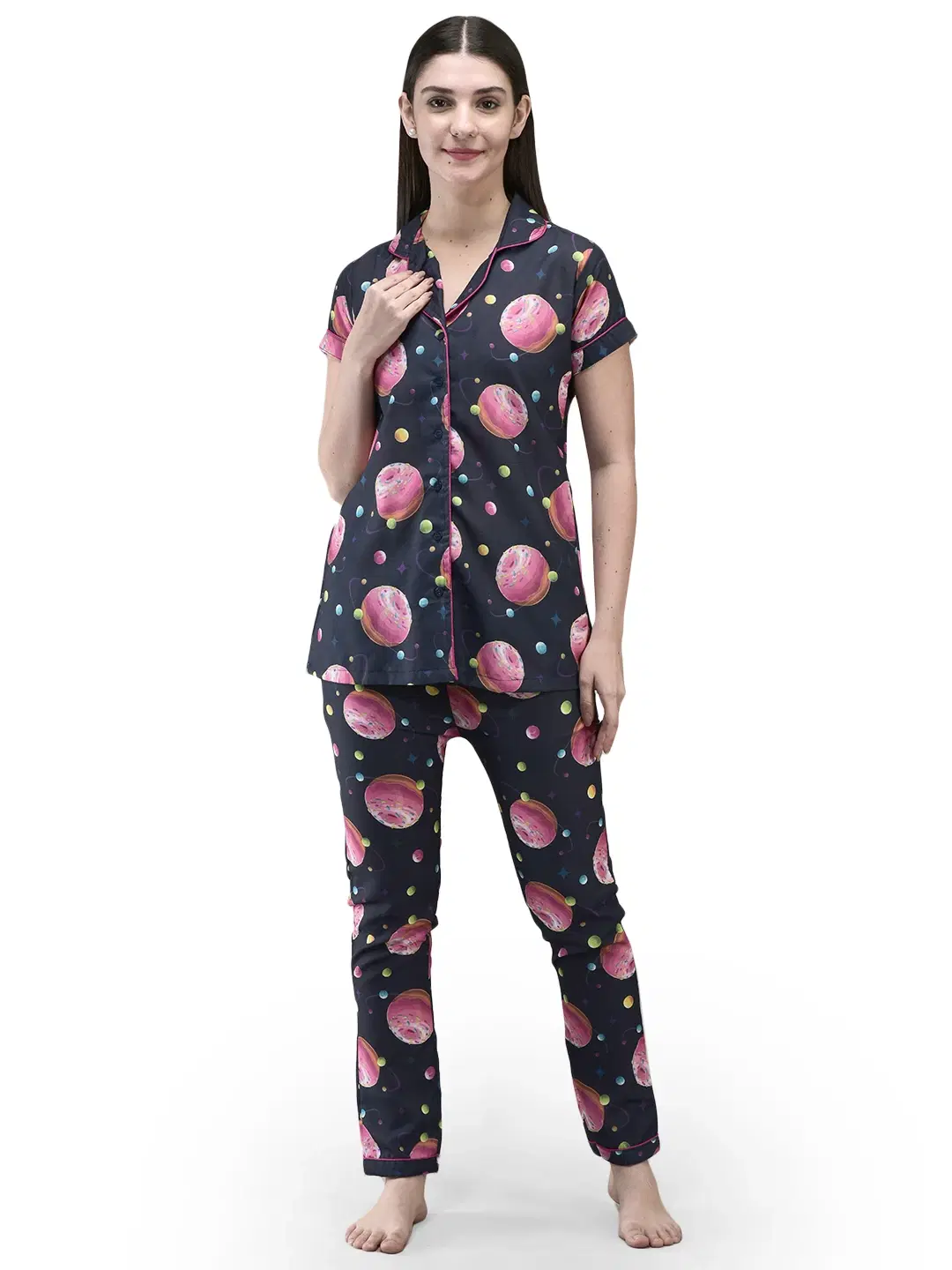 Front view of navy pajama set with pink donut print, short-sleeve button shirt and full-length pants
