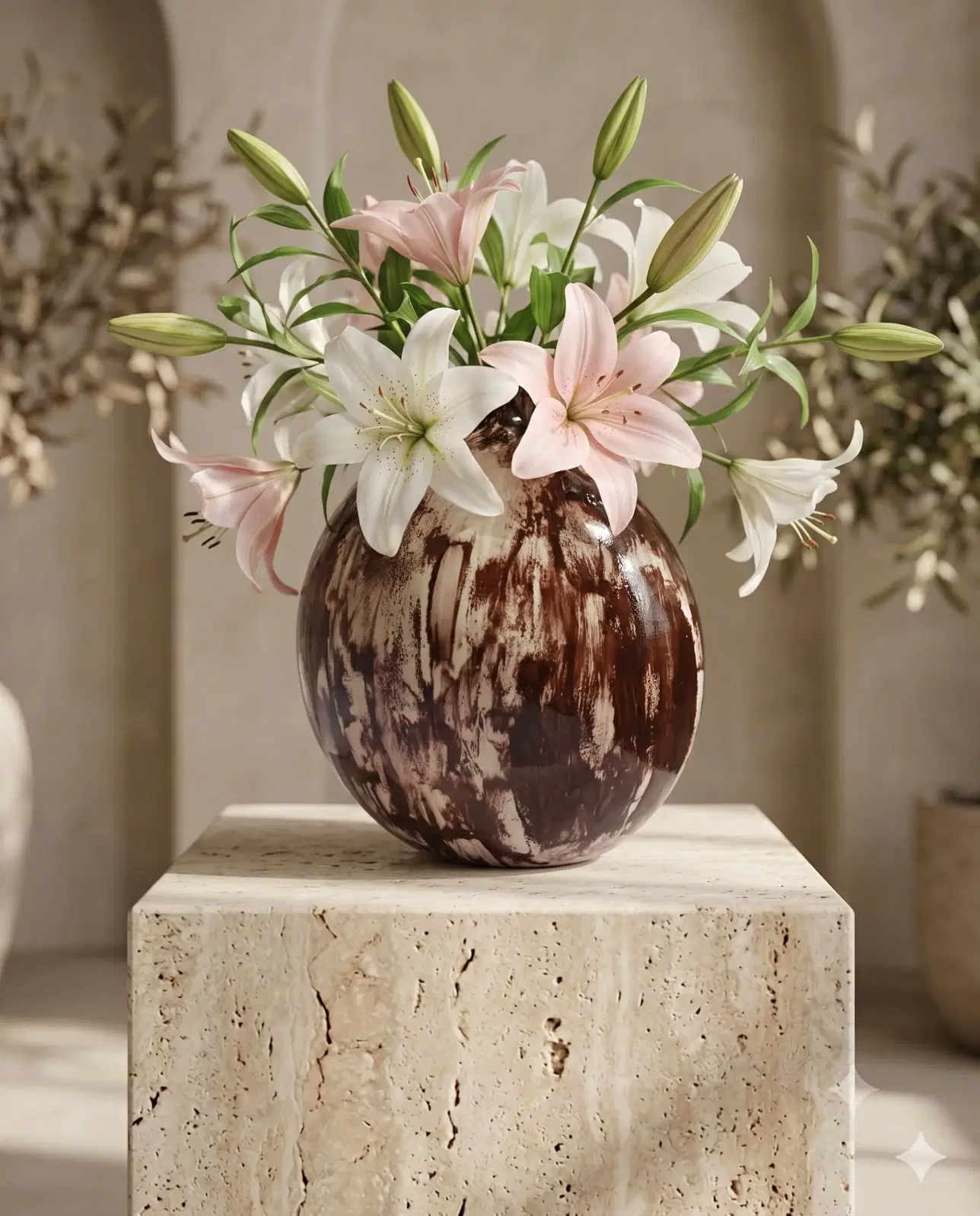 Round brown and cream glazed vase styled with pink and white lilies on a stone pedestal