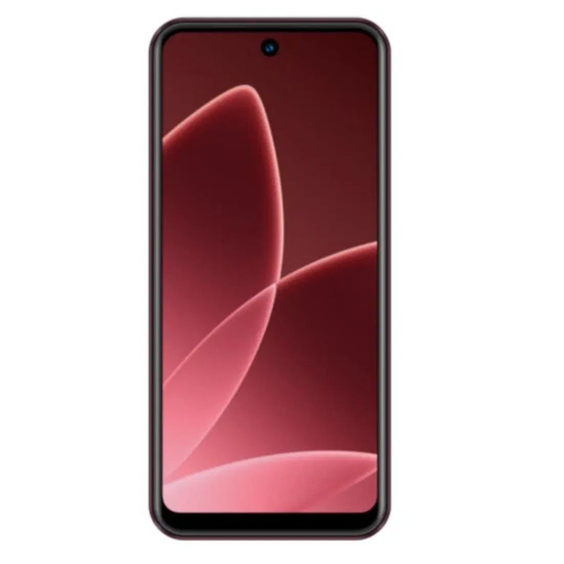 Front view of Ringme smartphone with slim bezels and centered punch-hole display on red abstract wallpaper