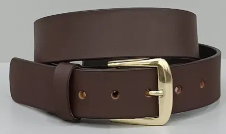 Brown belt coiled flat with smooth strap, keeper loop and shiny gold-tone pin buckle on white background