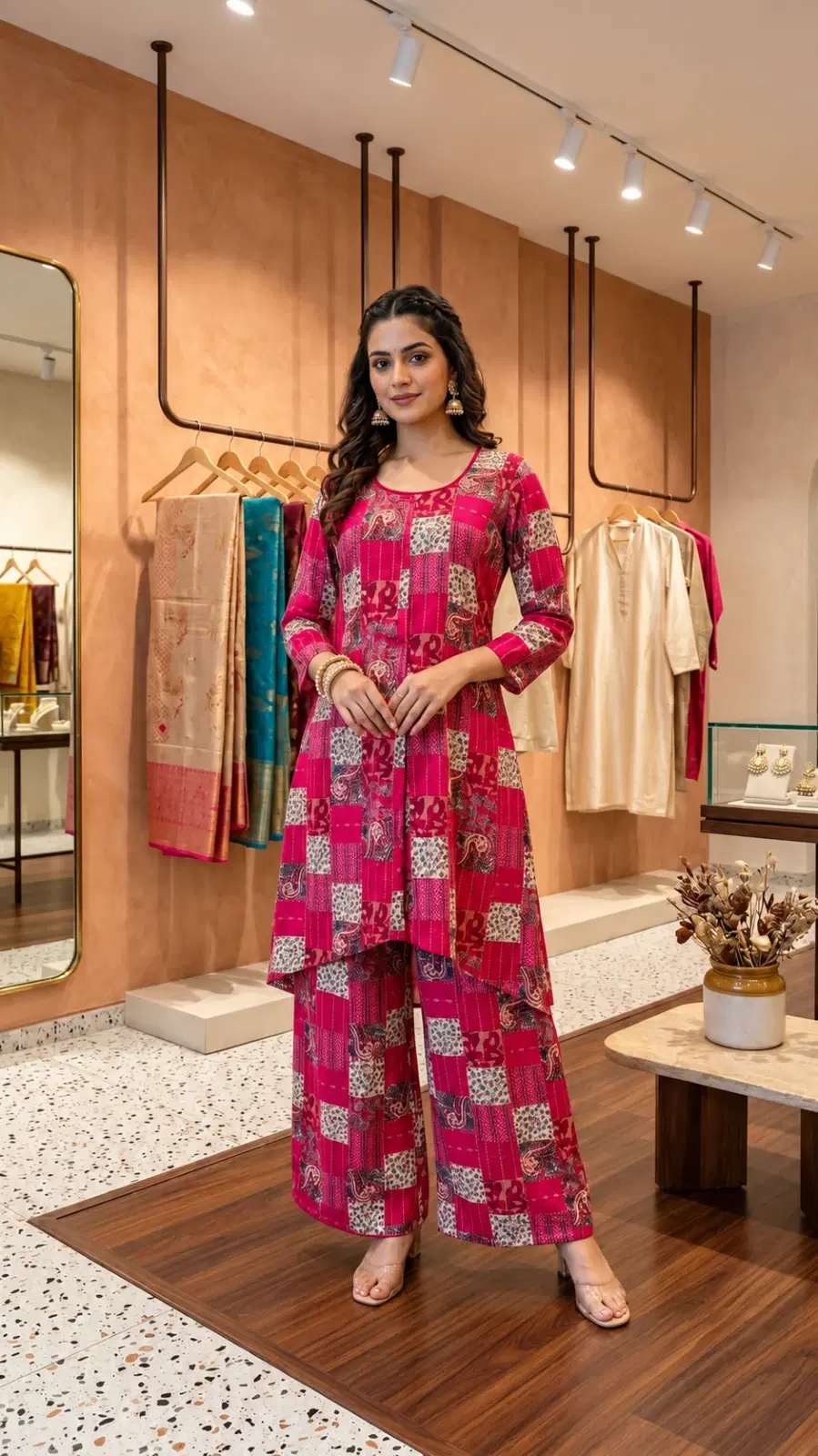 Front view of a woman wearing a pink printed kurta with matching wide-leg palazzo pants in a boutique