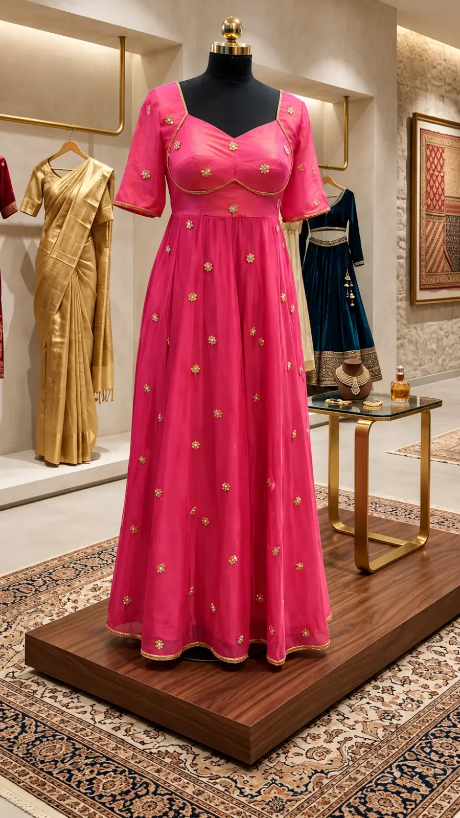 Front view of a bright pink floor-length Anarkali dress with gold floral embellishments on a mannequin