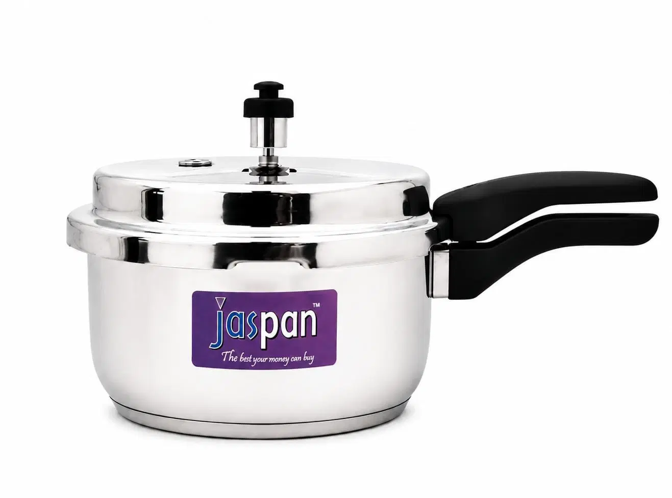 Front view of stainless steel Jaspan pressure cooker with black handle and regulator on white background