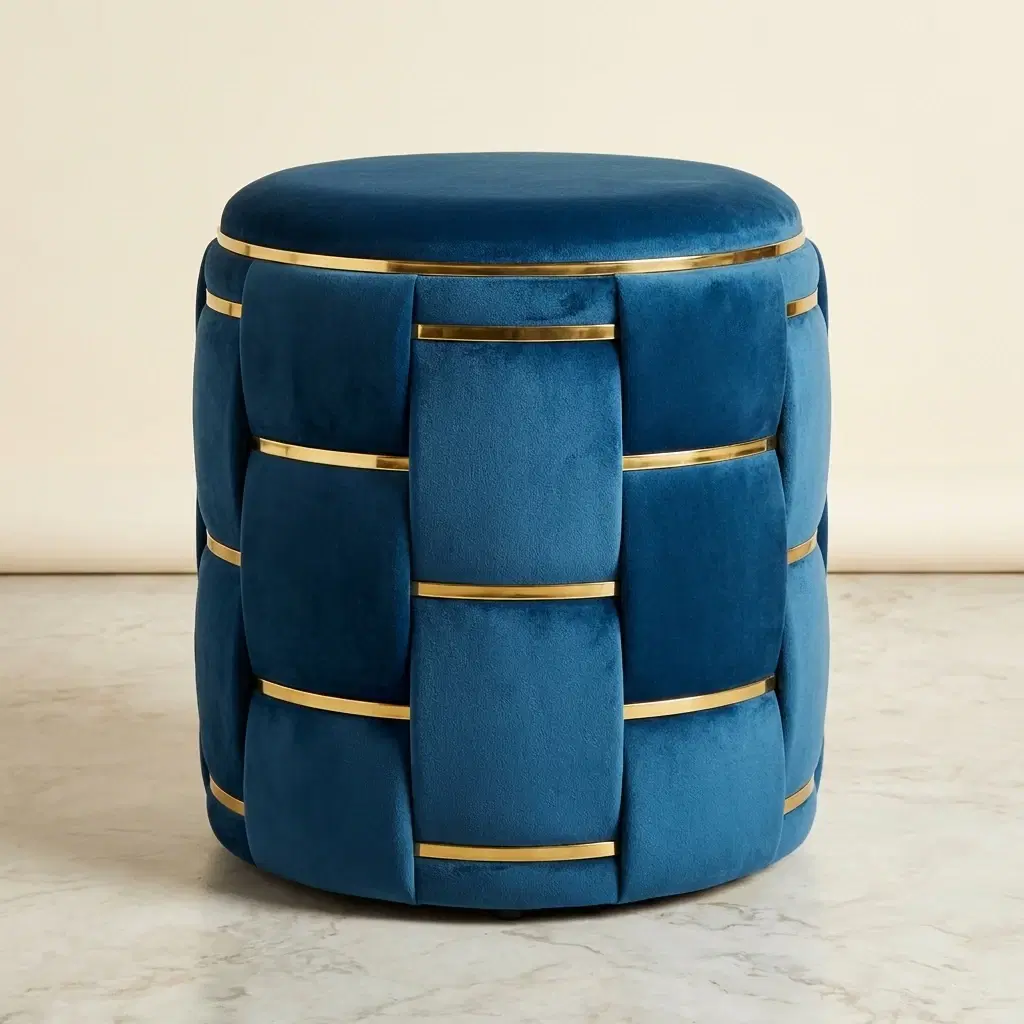 Luxurious Velvet Ottoman Stool With Gold Accents