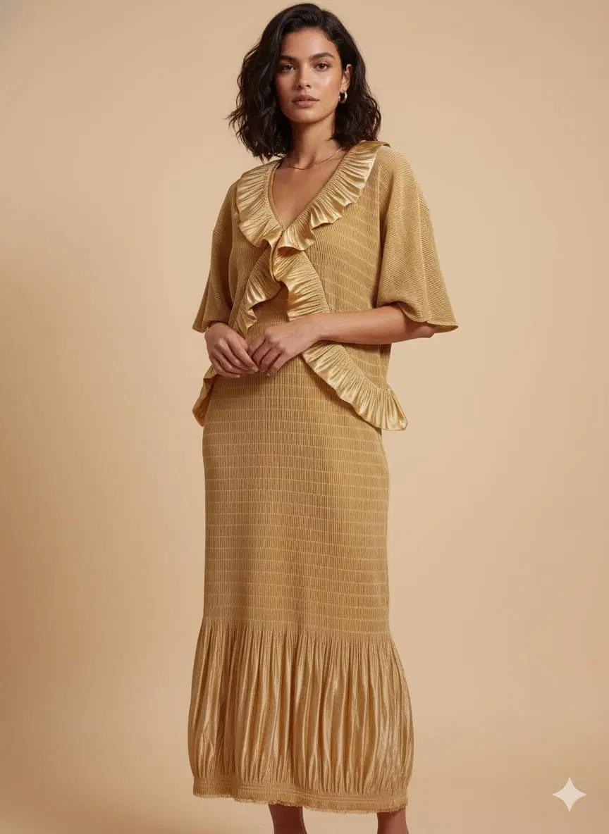 Woman wearing a gold textured midi dress with ruffled V-neck and hem detail