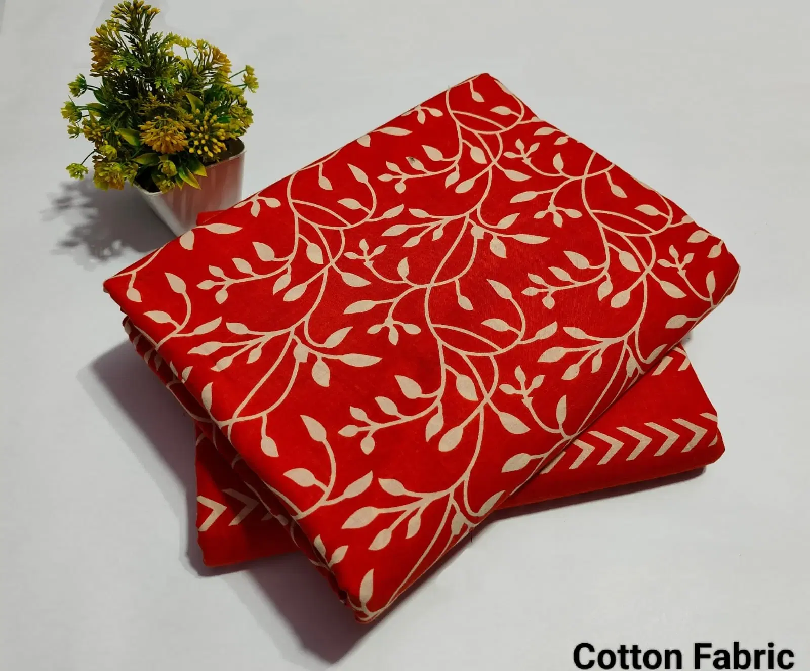 Women's Red Floral Vine Hand Block Printed Cotton Dress Material