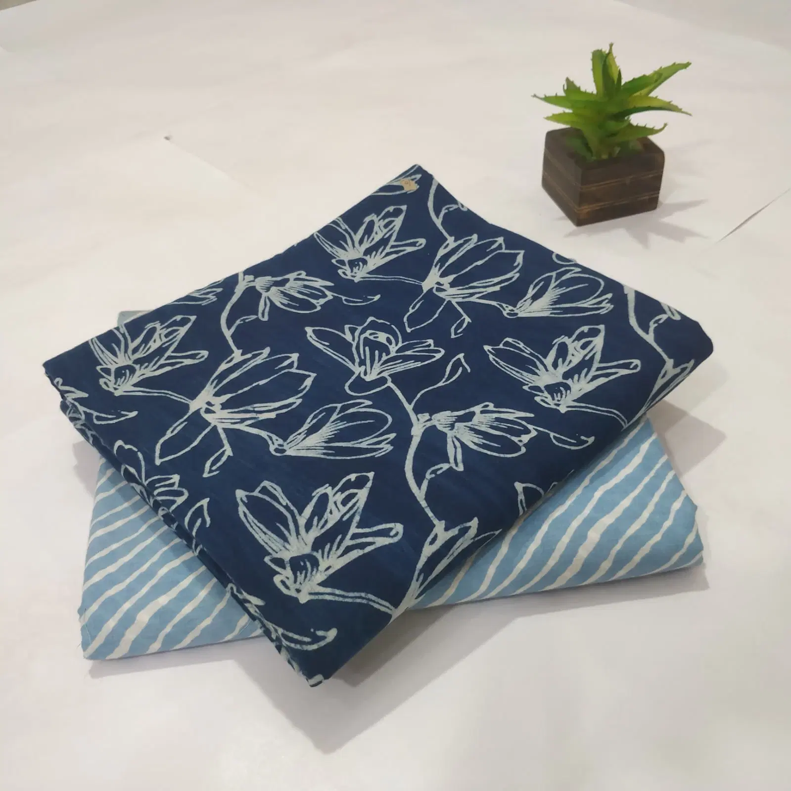 Women's Indigo Floral Hand Block Printed Cotton Dress Material
