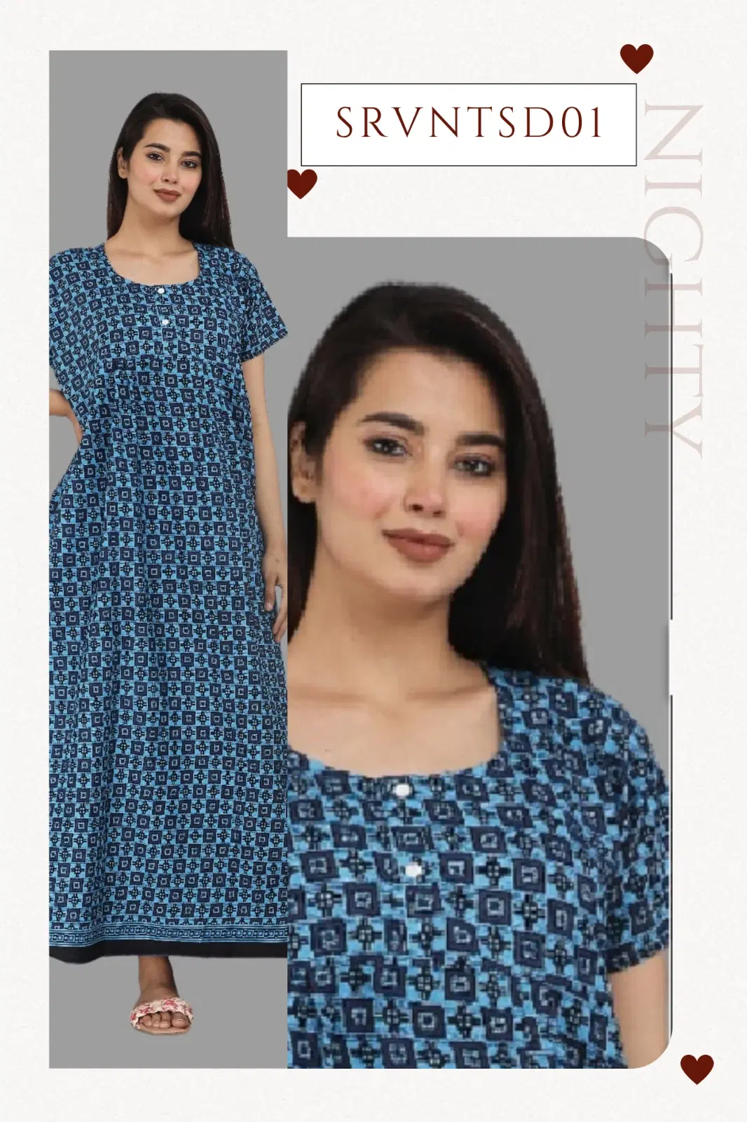 Women's Blue Geometric Print Premium Cotton Full-Length Nighty