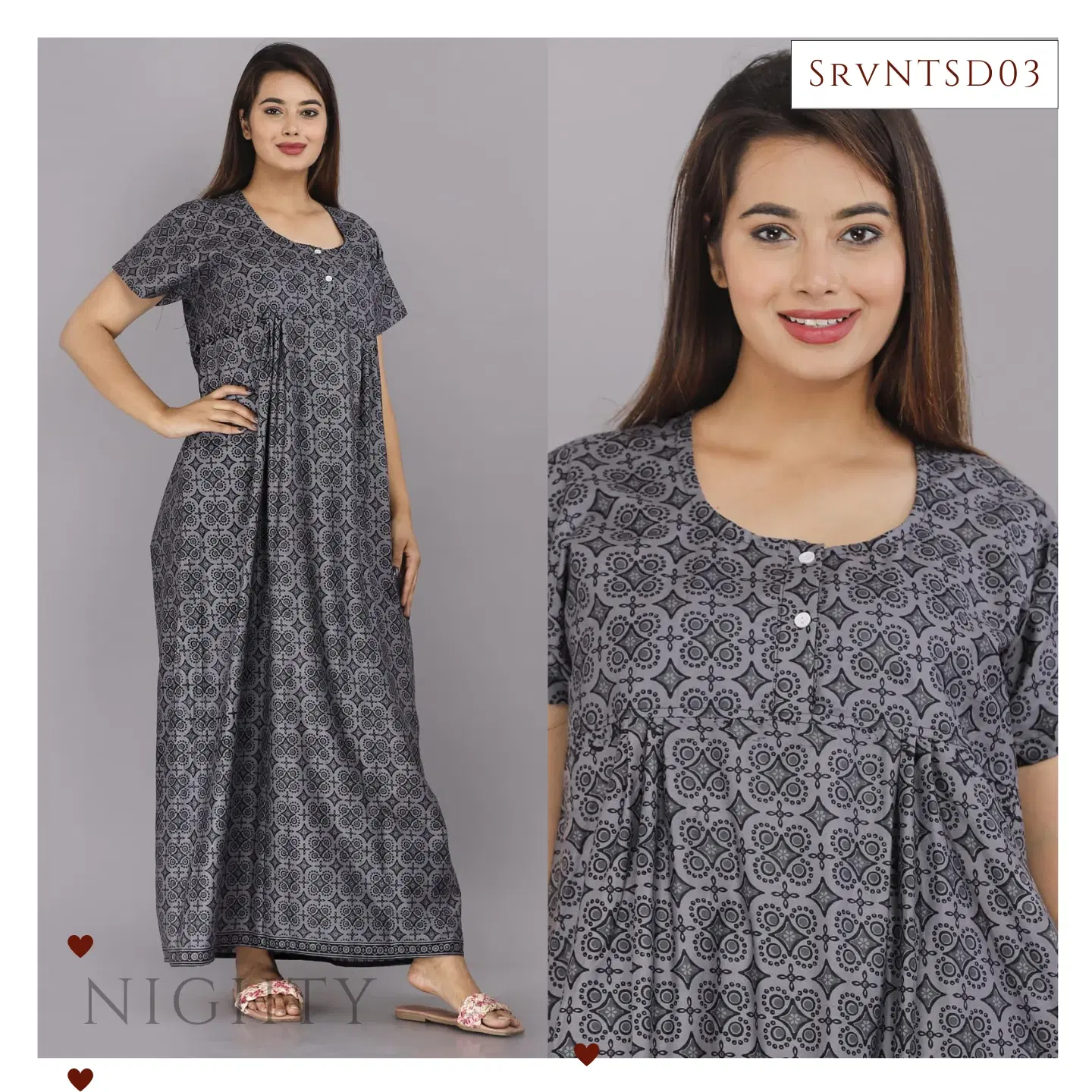 Women’s Grey Geometric Print Premium Cotton Nighty