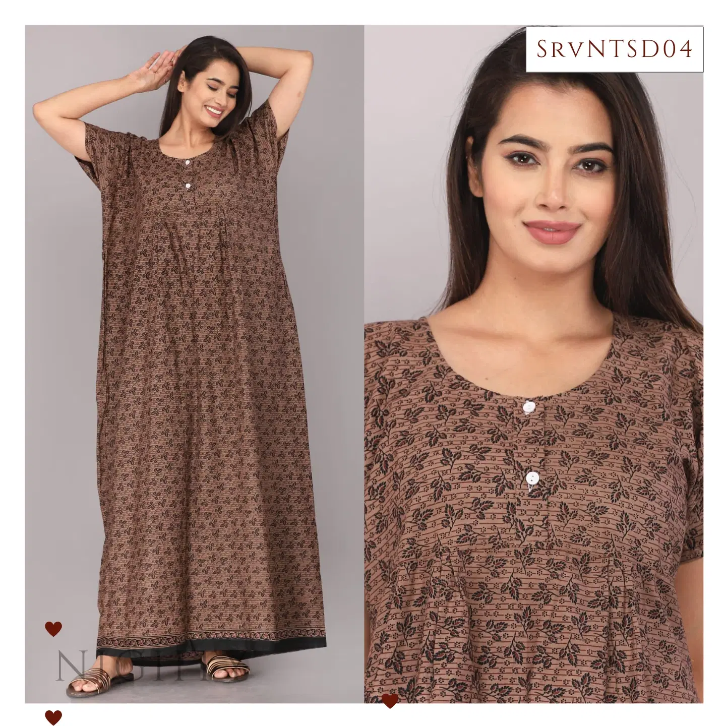 Women's Brown Floral Print Premium Cotton Full-length Nighty