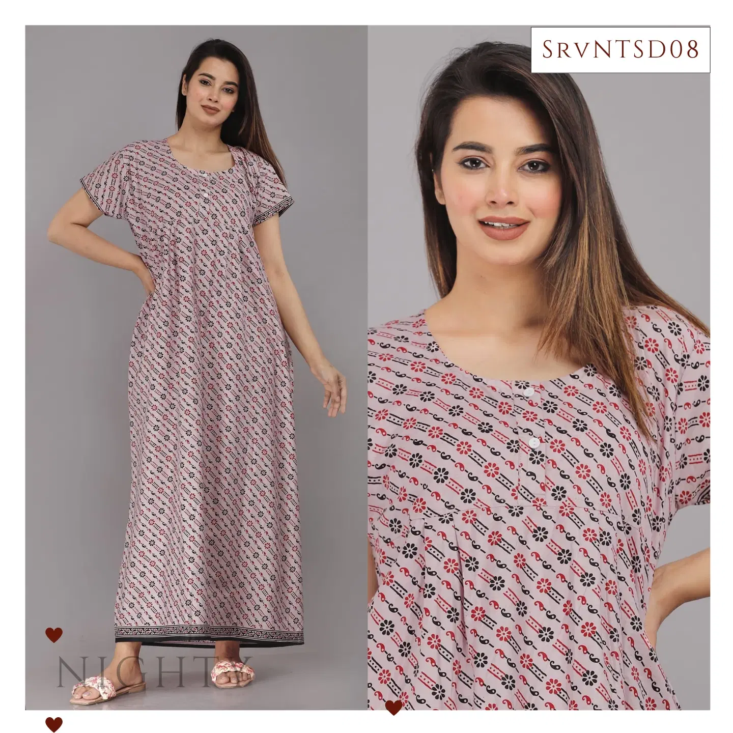 Women’s Pastel Pink Floral Vine Print Premium Cotton Nighty