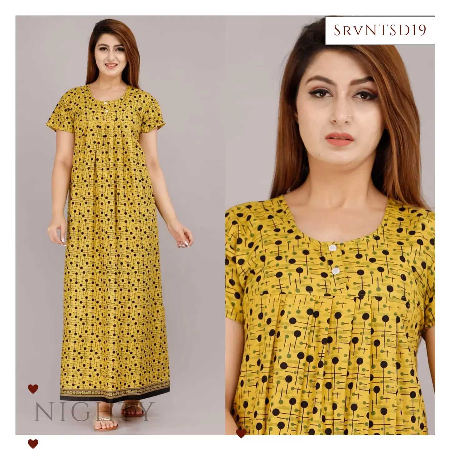 Women's Mustard Polka dot Print Premium Cotton Full-length Nighty