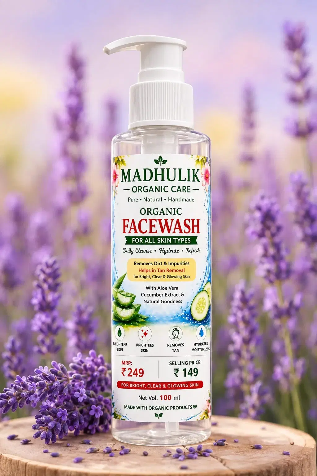 Madhulika Organic Care organic facewash pump bottle with aloe vera and cucumber, 100 ml
