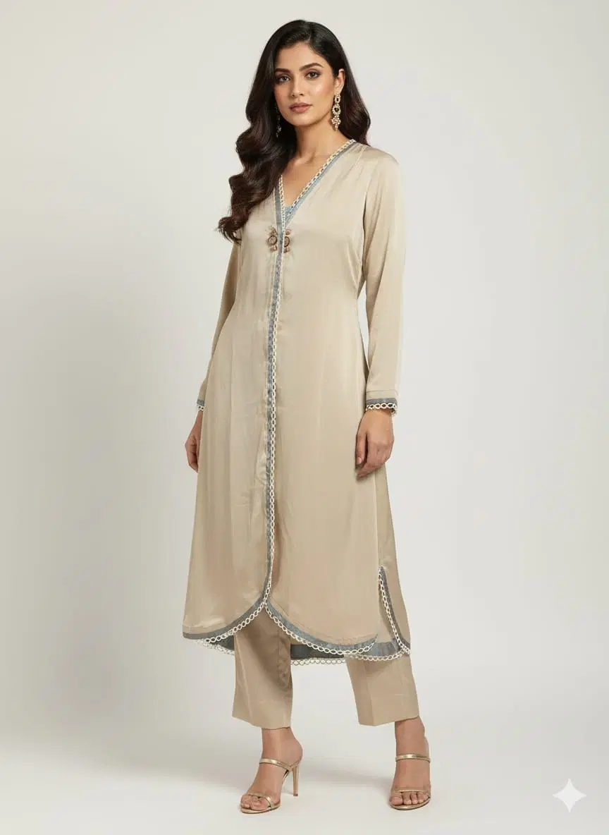 Woman wearing a beige V-neck embellished kurta with matching straight pants and heels