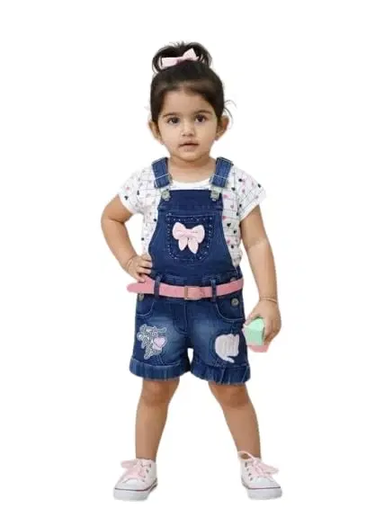 Girls’ Denim Dungaree Shorts Set with White Heart Print Top | Kids Stylish Denim  Outfit | Soft Cotton Inner & Adjustable Straps
