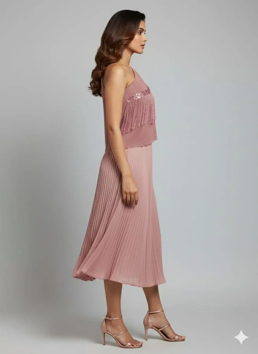 Woman wearing a dusty pink one-shoulder pleated midi dress with fringe detail and strappy heels