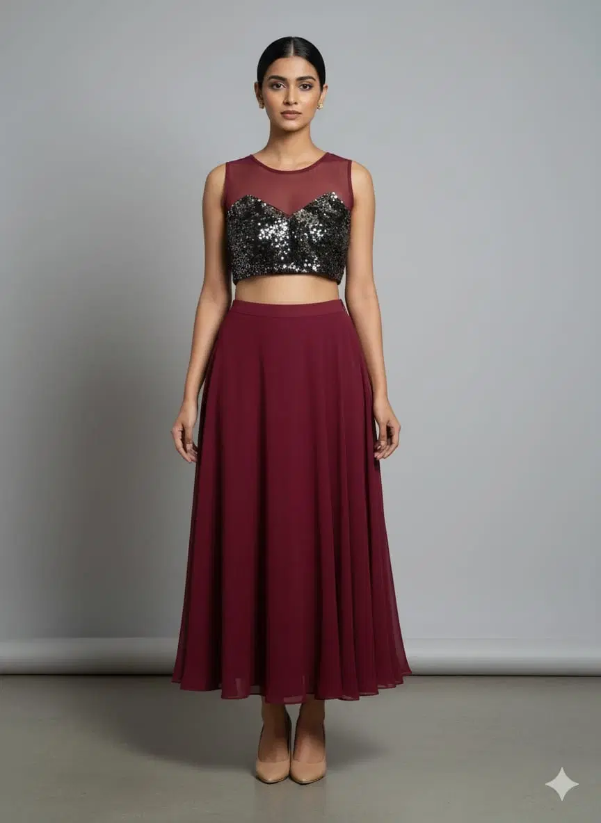 Woman wearing a maroon sequinned crop top with sheer yoke and matching flared maxi skirt