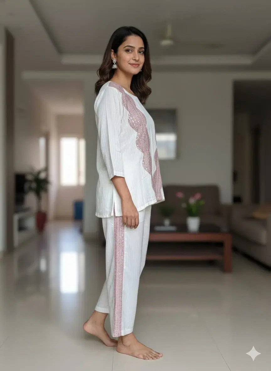 Woman wearing a white lounge co-ord set with pink embellished panels and straight pants indoors