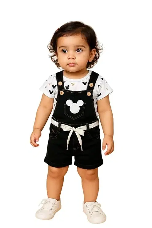 Toddler wearing black dungaree romper with cartoon print over white printed T-shirt and white shoes