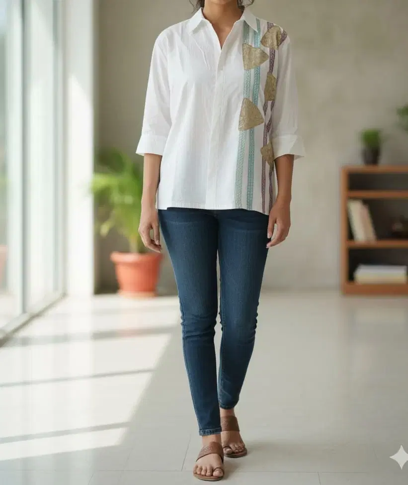 Woman wearing a white collared top with abstract side print, dark skinny jeans and flat sandals