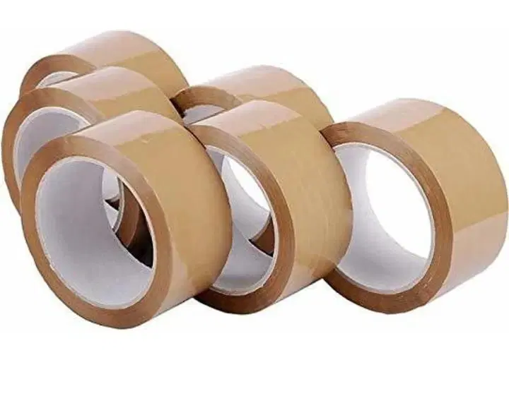 Set of brown adhesive packing tape rolls stacked on a white background