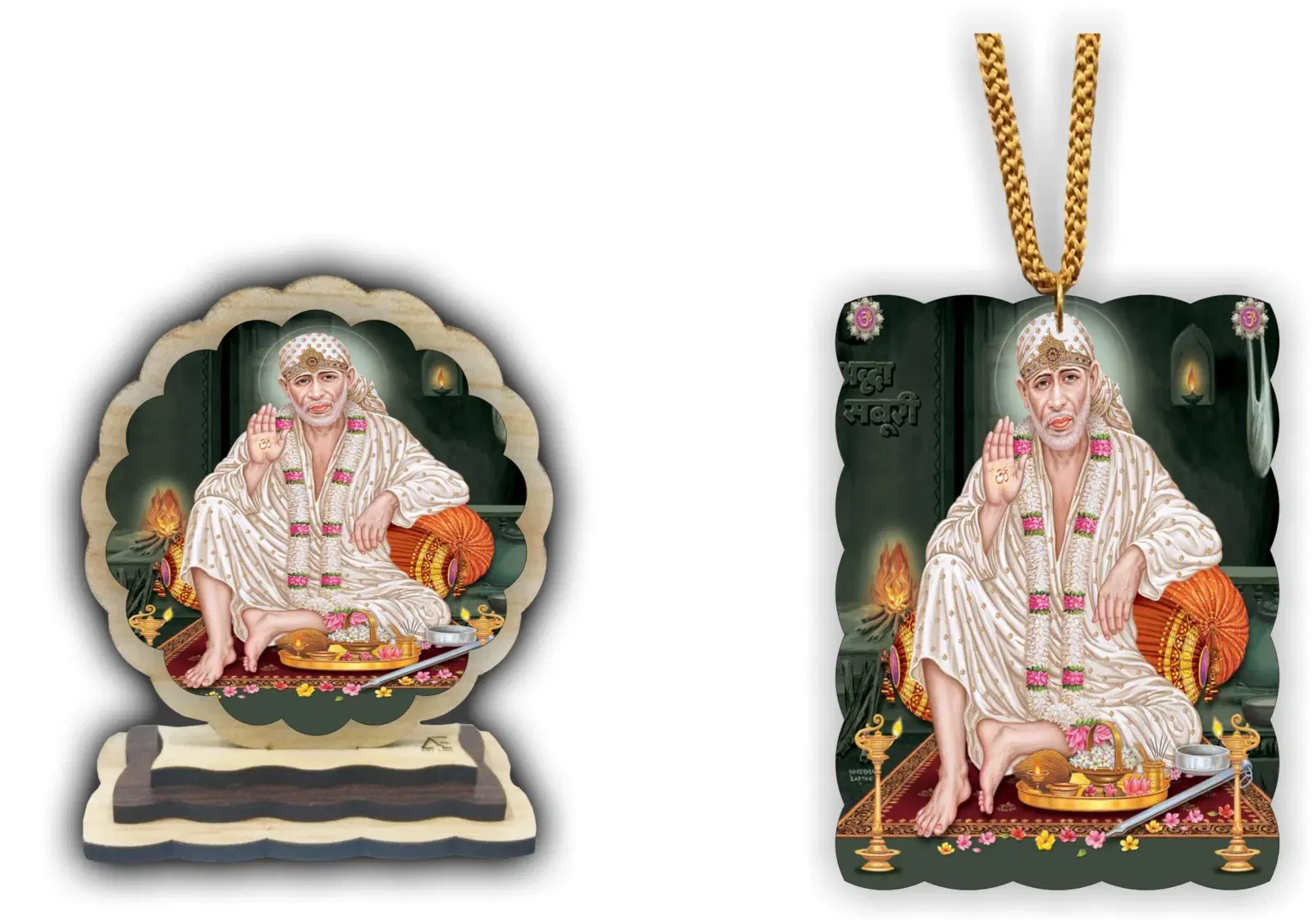 ART END Sai Baba Car Dashboard Idol and Hanging Ornament Divine Collection, Vibrant Print, Spiritual (Pack of 2) (Sai Baba Hanging Dashboard-1)