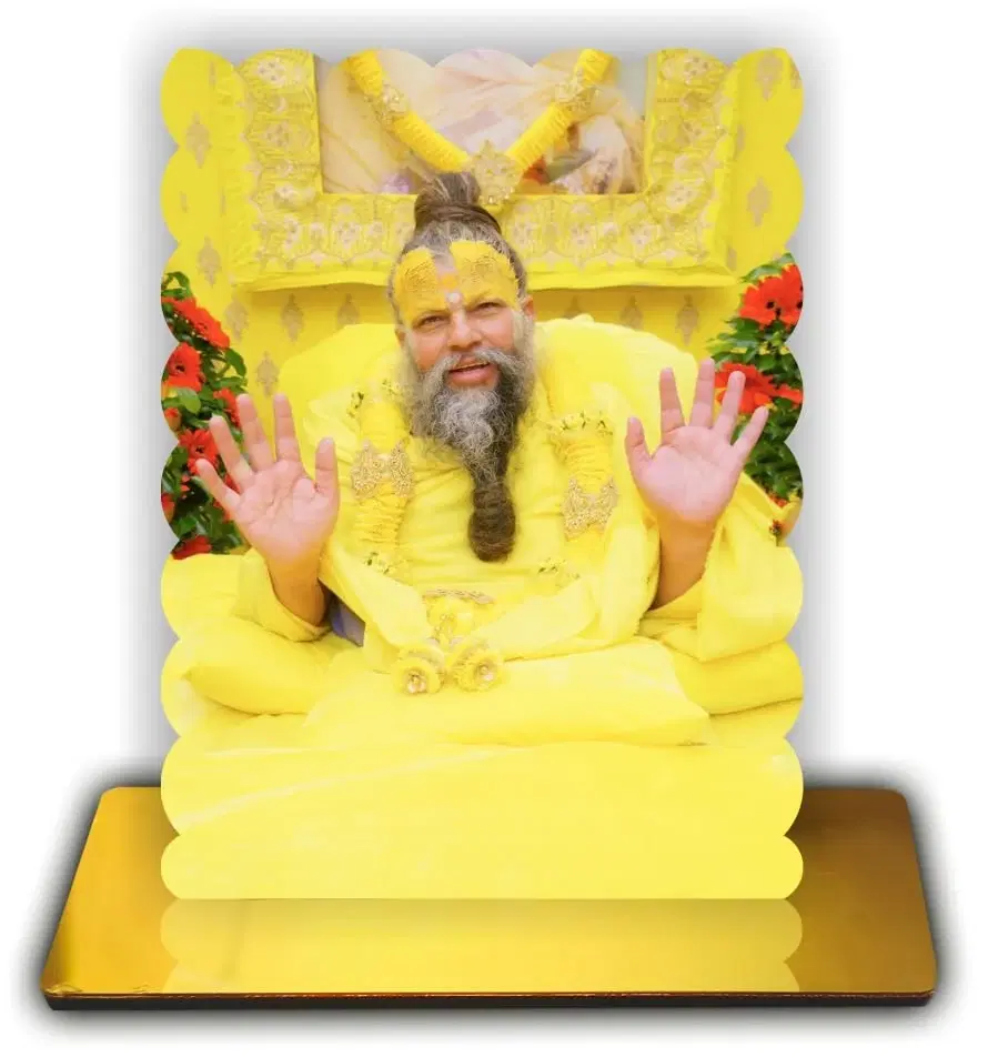 ART END Photo Premanad Ji Maharaj Spiritual Standy with Golden Acrylic Base, Religious Showpiece for Home Temple and Office, 4.7x5.5 Inches, Material: Engineered Wood and Golden Mirror Acrylic. (P159)