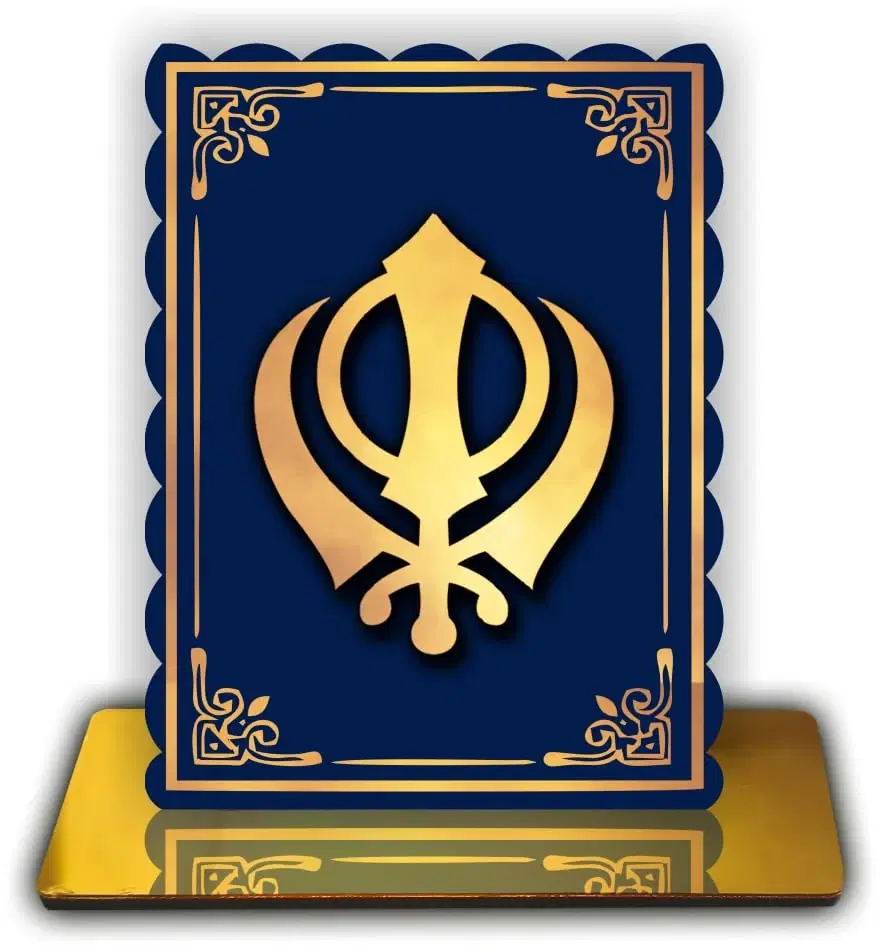 ART END Khand Sahib Premium Spiritual Showpiece with Khanda Symbol, Navy Blue and Gold, 4.7x5.5 Inches, Golden Reflective Base for Home Temple, Office, Meditation Space
