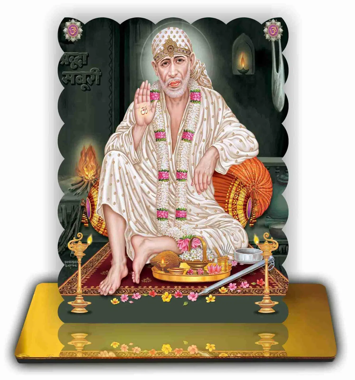 ART END Shirdi Sai Baba Ji Spiritual Wooden Showpiece with Golden Mirror Base, Religious Decor for Home Temple and Office, 4.7x5.5 Inches, (P-1)