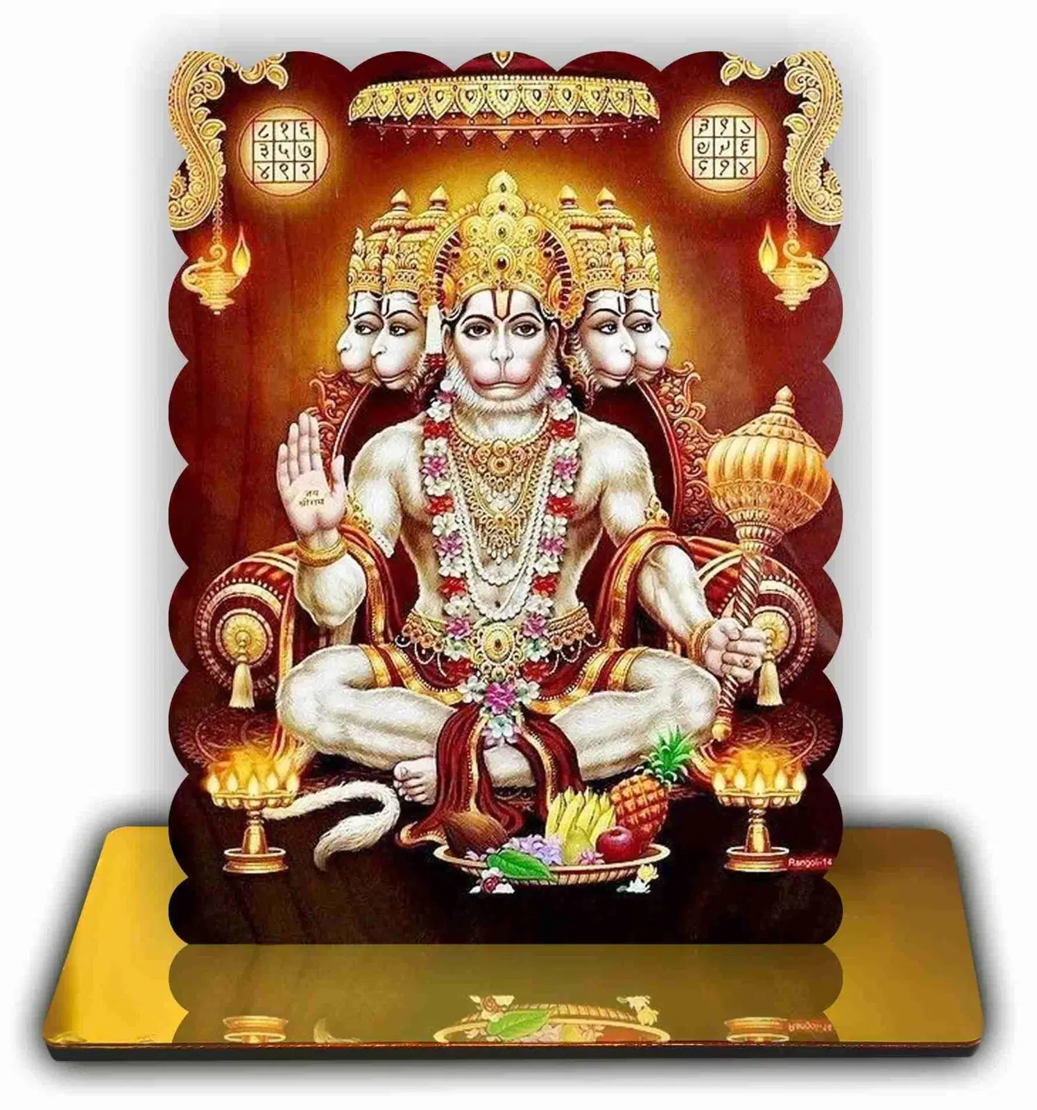 ART END Panchmukhi Hanuman ji, Bajrang Bali Photo Spiritual Frame with Golden Acrylic Base, Religious Showpiece for Home Temple and Office, 4.7x5.5 Inches (Hanuman-P33)