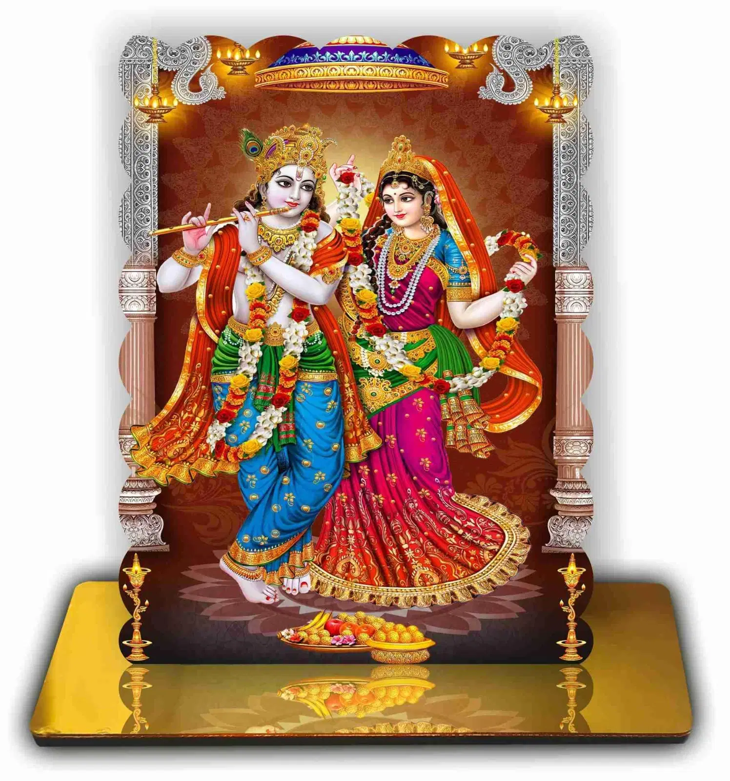 ART END Radha Krishna Spiritual Photo Standy with Golden Acrylic Base, Religious Showpiece for Home Temple and Office, 4.7x5.5 Inches, Engineered Wood (P-43)