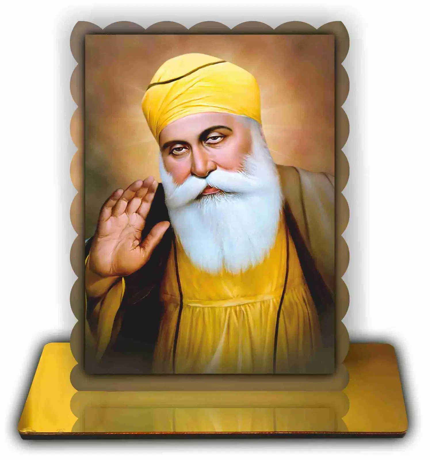 ART END First Sikh Guru Ji Spiritual Standy with Golden Reflective Base, Religious for Home and Office, 4.7x5.5 Inches,