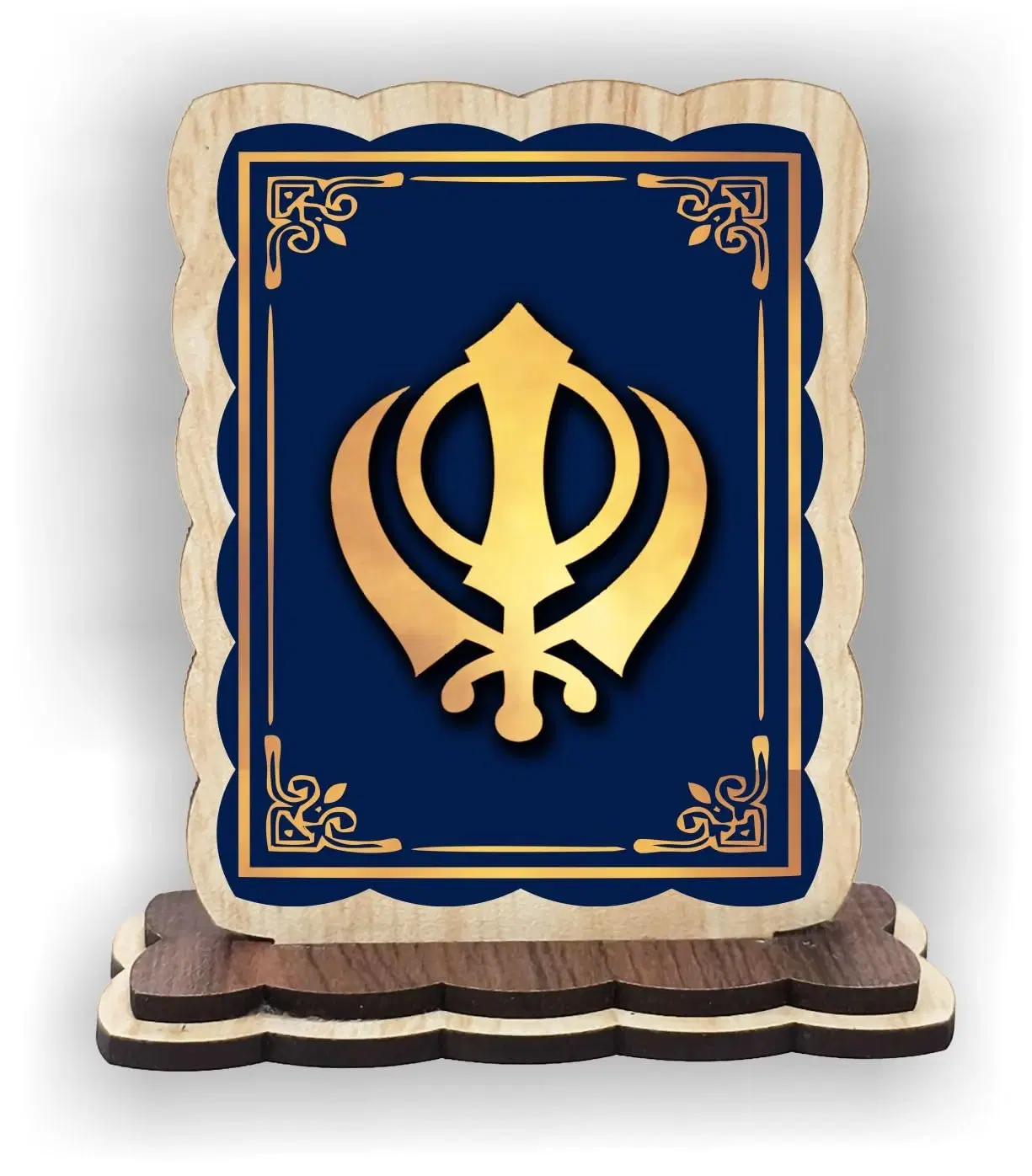 ART END Khanda Ekonkar Sikh Symbol Wooden Table Decor, Blue and Gold, with Stand, 4 x 3.5 Inch, Car Dashboard Showpiece