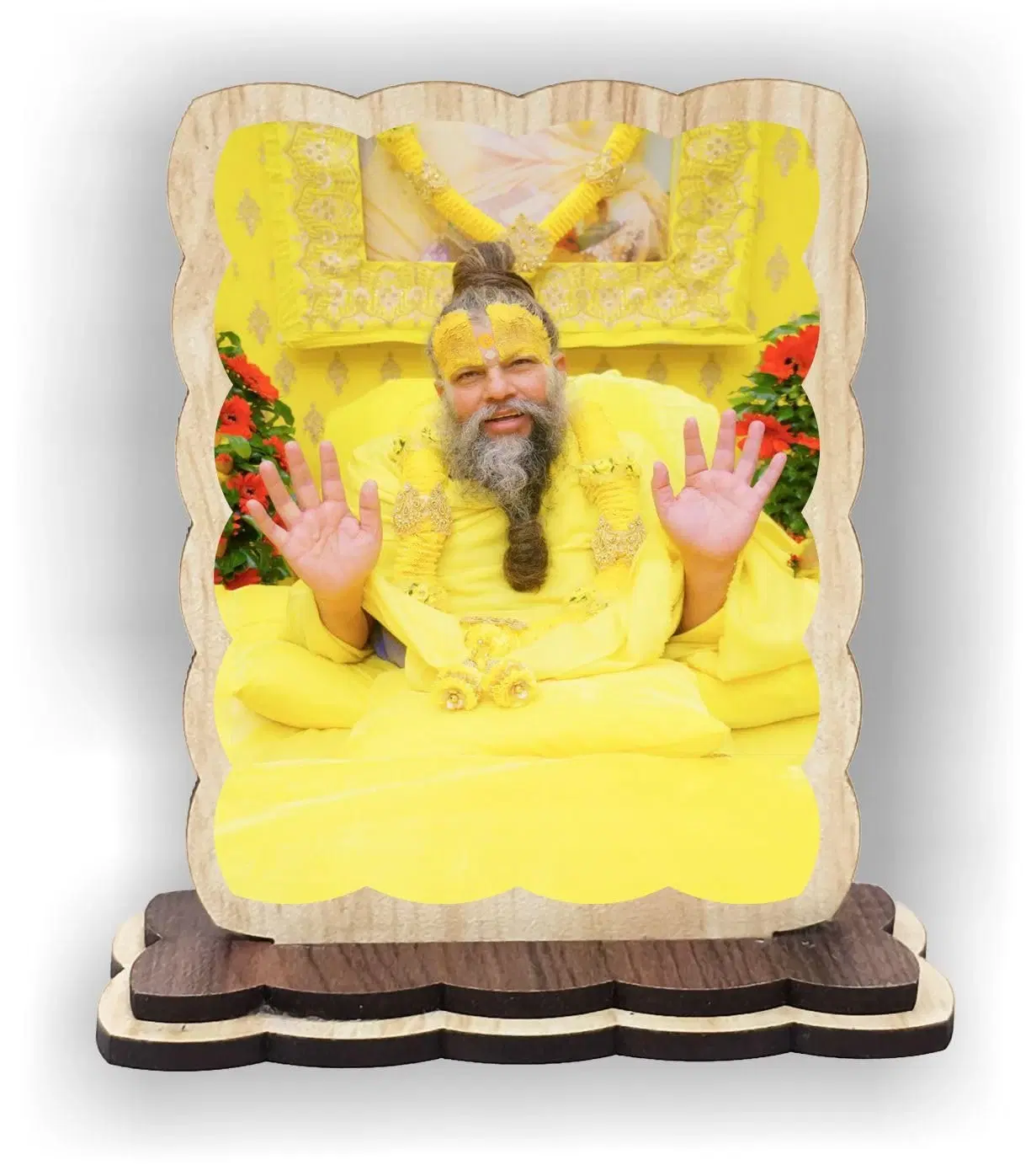 ART END Wooden Saint Premanand Maharaaj Figurine Photo Frame with Stand, Scalloped Shape, 4 x 3.5 Inch, Car Dashboard and Home Decor