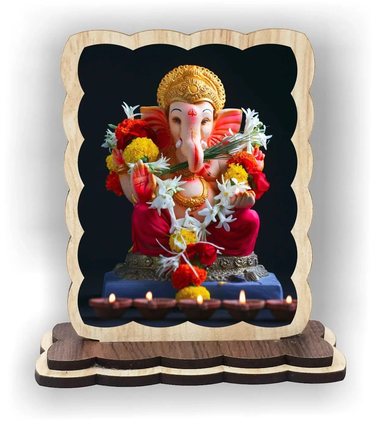 ART END Ganesha Wooden Photo Frame with Stand, Car Dashboard Idol, 4 x 3.5 Inch, Multicolour