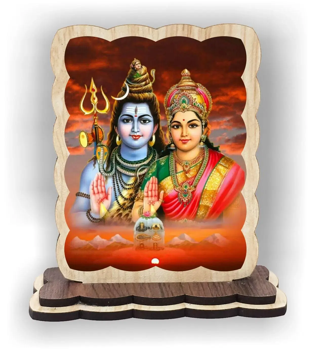 ART END Shiv Parvati Wooden Photo Frame with Stand, Multicolour, 4 x 3.5 Inch, Car Dashboard and Home Decor