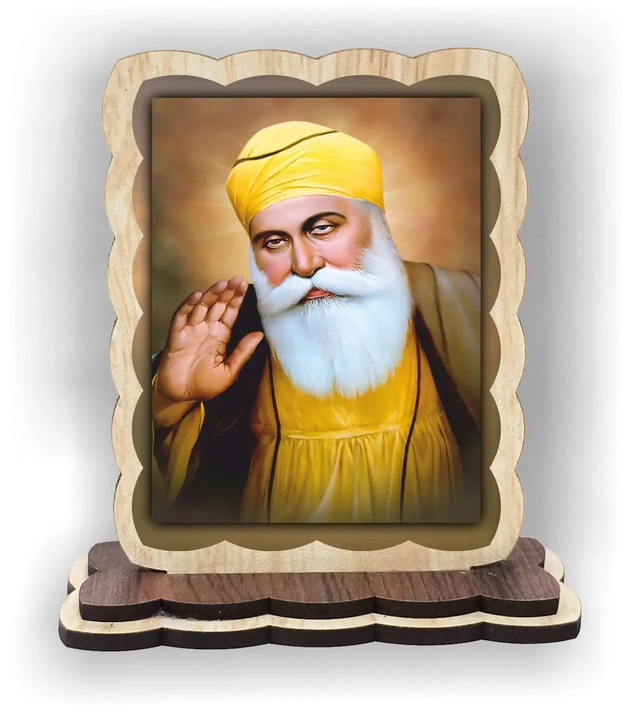 ART END Guru Nanak Dev Ji Wooden Photo Frame, Car Dashboard Photo Frame, 4 x 3.5 Inch