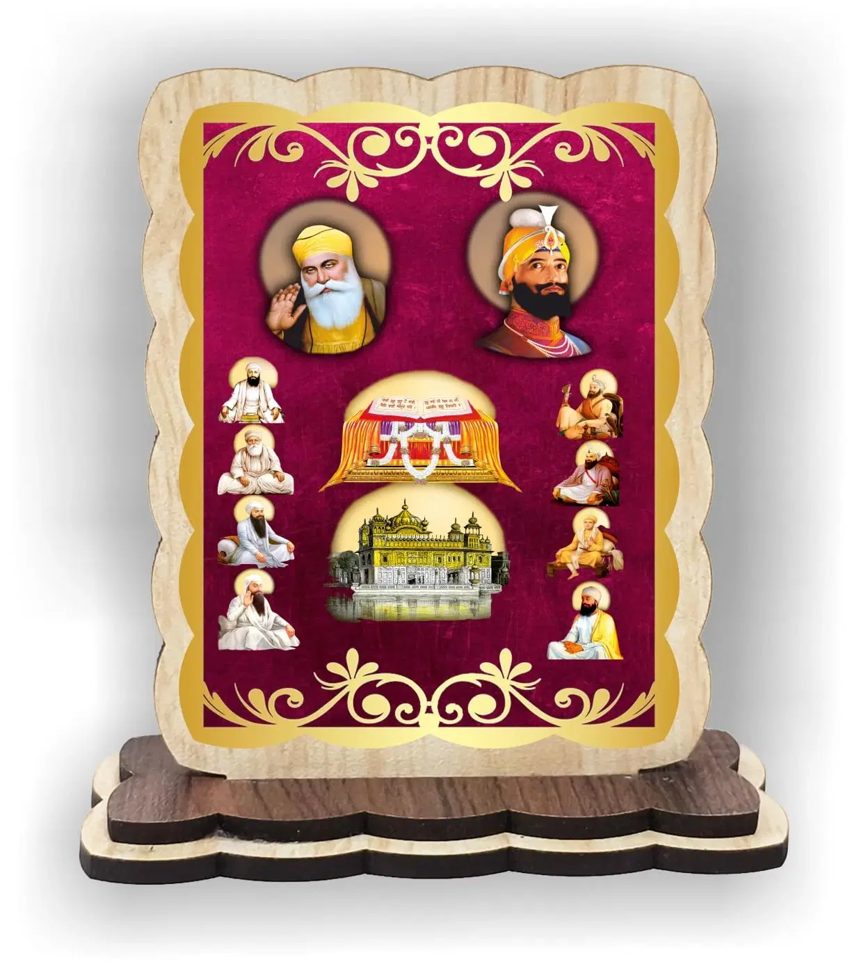 ART END Sikh All Guru Wooden Car Dashboard Frame with 3.5X 4 Inch Decorative Stand, Car Dashboard Decor