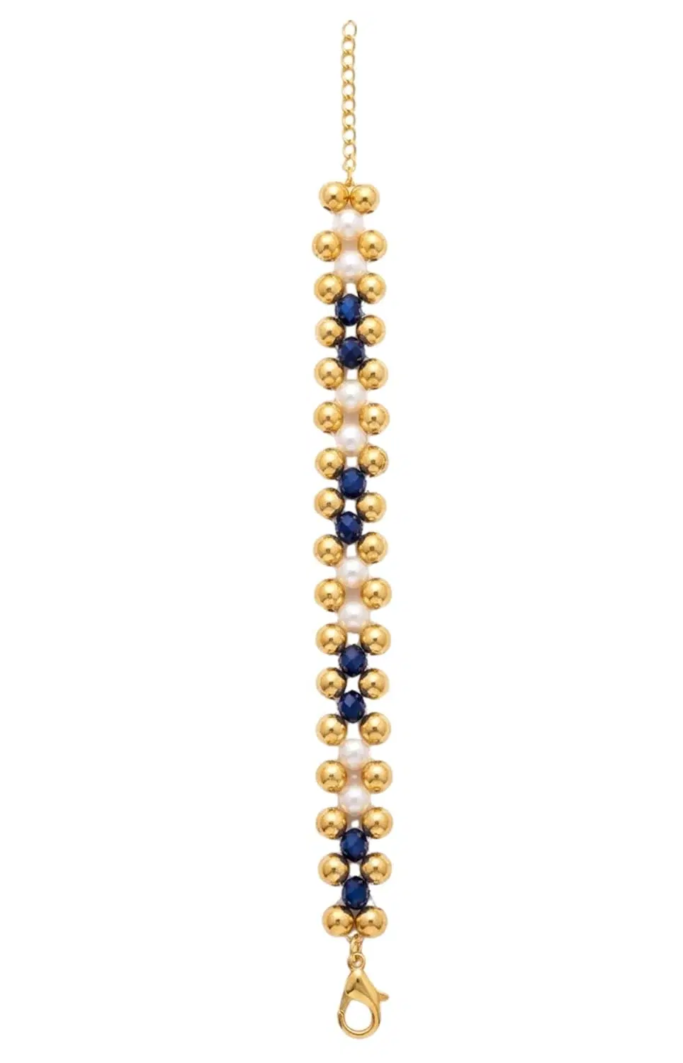 White & Brown Tricolour Criss Cross Beaded Bracelet with Adjustable Link Golden Chain