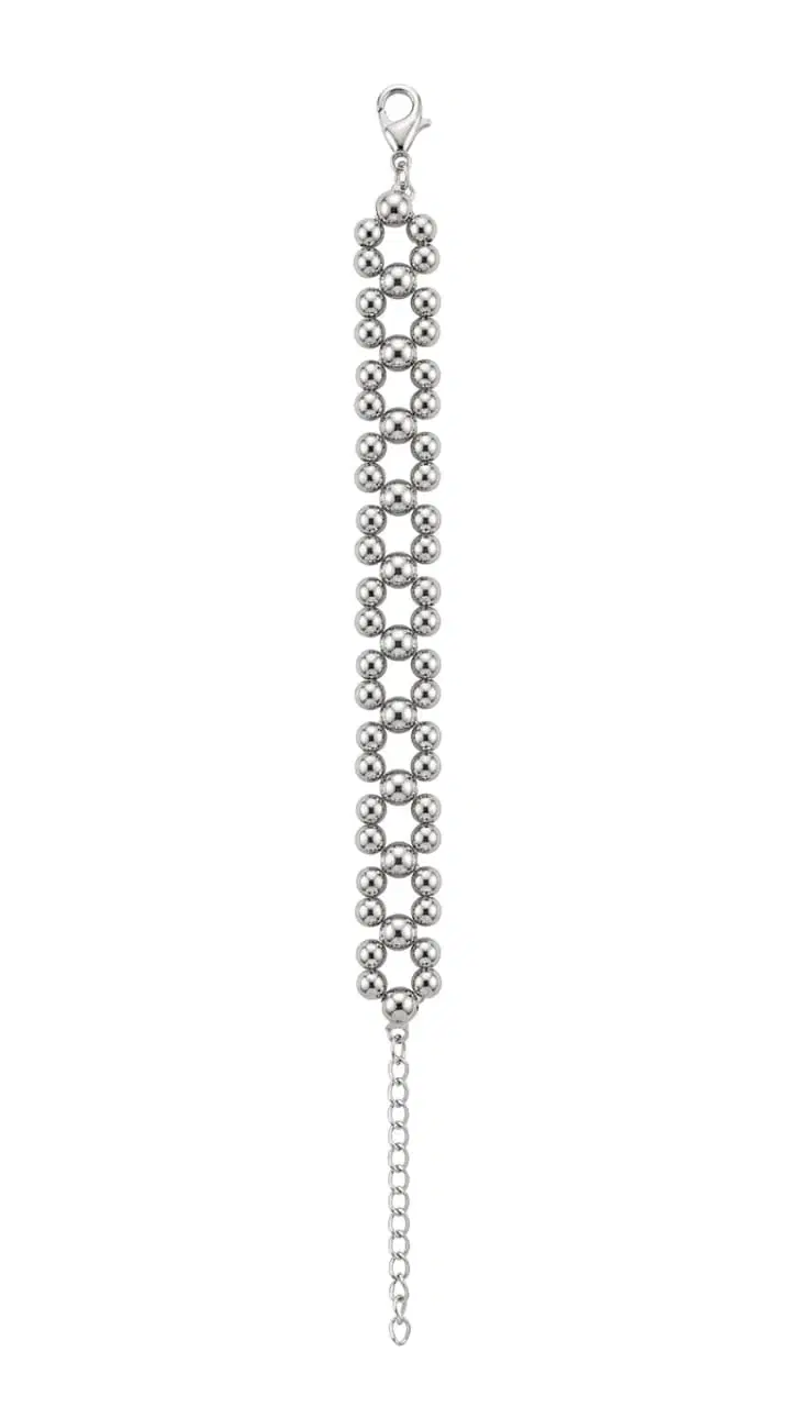 Modern Silver Beaded Link Bracelet Multi-Layer Sphere Chain Design with Adjustable Closure for Everyday Wear (Diameter-7cm)