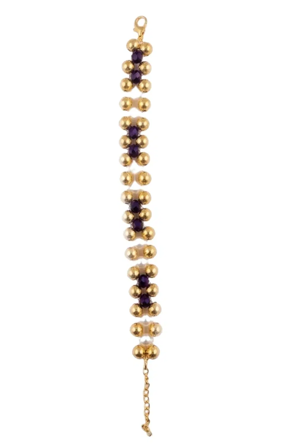 White & Brown Tricolour Criss Cross Beaded Bracelet with Adjustable Link Golden Chain