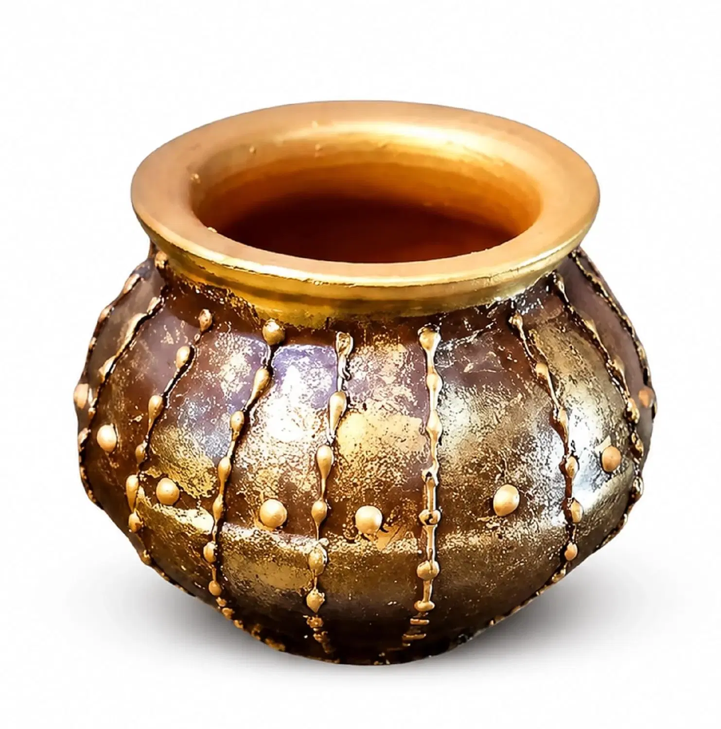 Curated Craft Handmade Small Mud Pot with Golden Artistic Design Decorative Earthen Vase for Home Styling (14Lx12.7H cm)