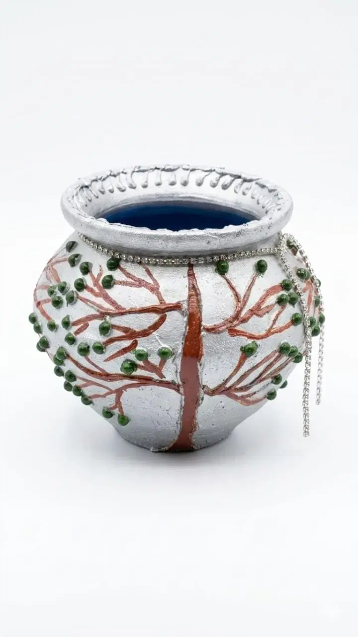 Curated Craft Silver Earthen Pot with Crystal Bead Accents & Textured Abstract Design Decorative Clay Pot for Luxury Home Décor (Multicolor)