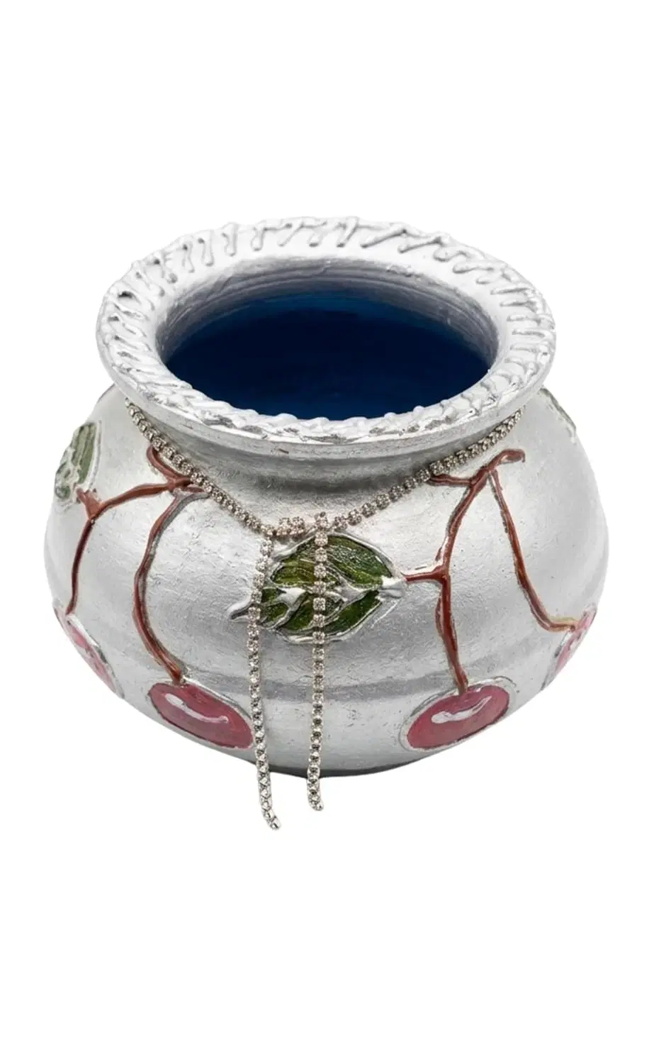 Curated Craft Terracotta Handcrafted Matki Planter with Cherry Design & Silver Stone Chain Decorative Earthen Clay Mitti Pot for Artificial Plants Home,Office & Living Room Décor (15.24Lx12.7H cm)