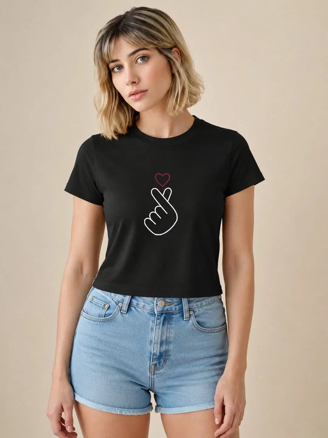 Mini heart Printed Round Neck Crop Pre-customized Tshirt for Women