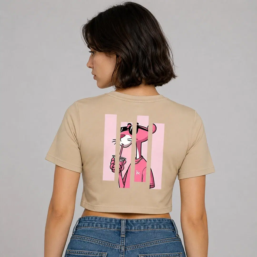 Pink Panther Printed Round Neck Crop Pre-customized Tshirt for Women