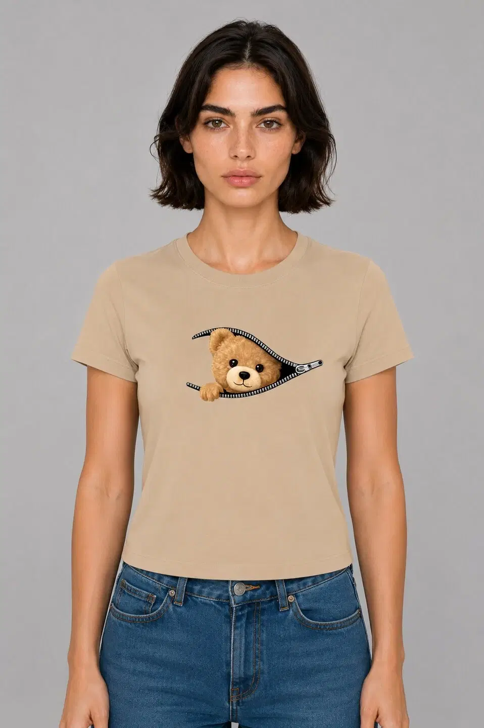 Teddy Printed Round Neck Crop Pre-customized Tshirt for Women