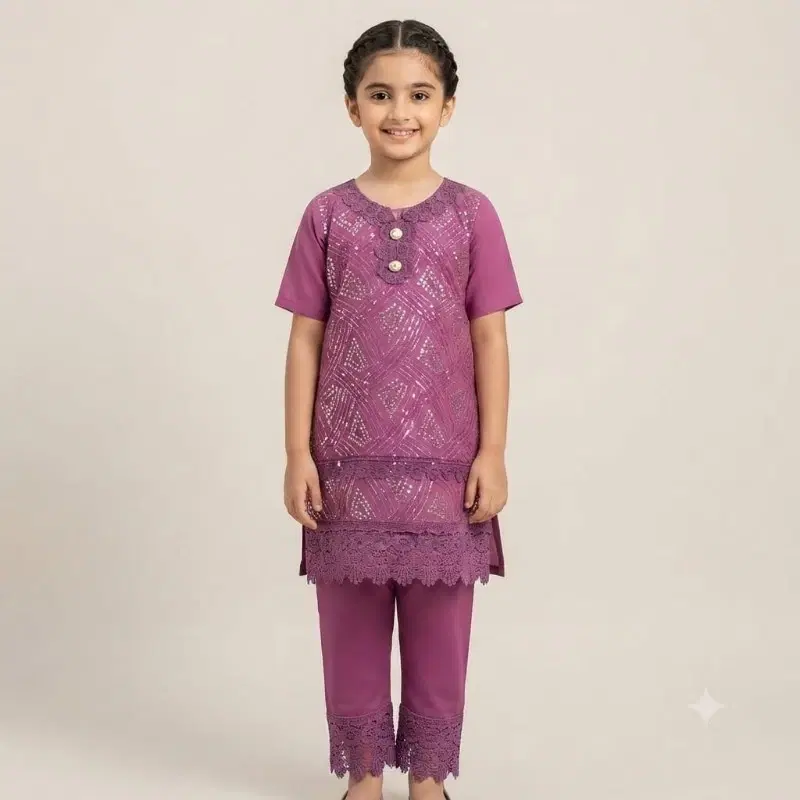Adiva Girls Mauve  Foil Print Straight Kurta With Matching Pants