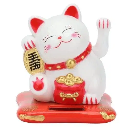 Ahina Solar Powered Feng Shui Lucky Cat Figurine, White, Waving Maneki Neko Statue for Home, Office, and Car Decor